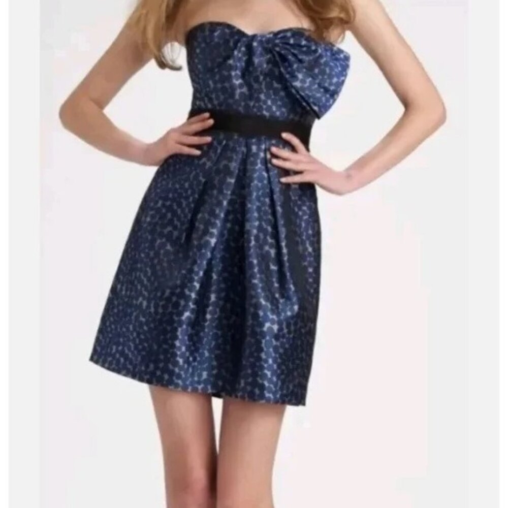 BCBG MAXAZRIA Strapless Jacquard Polka Dot Fit & Flare Blue Dress
